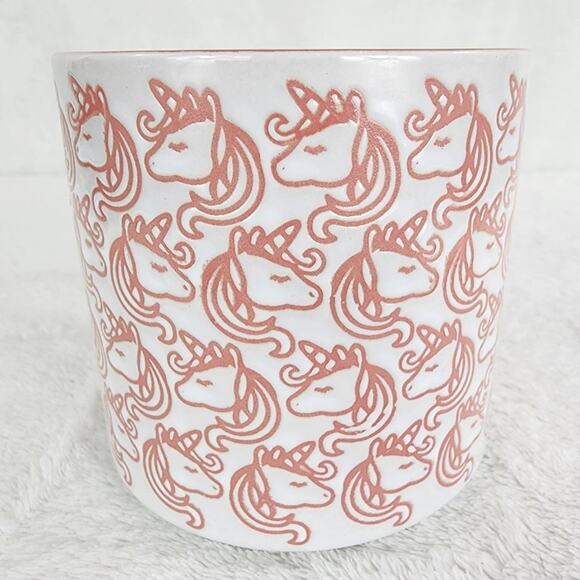 Graydon Hall Pink Unicorn Coffee Mug Allover Embossed  in Peach and White. EUC - Picture 2 of 7